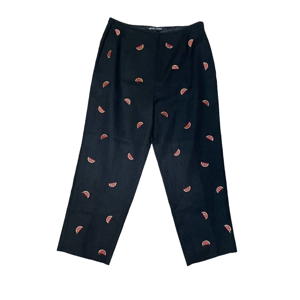 Nicole Studio Watermelon Embroidered Black Linen Cropped Pants Trousers Size 8
